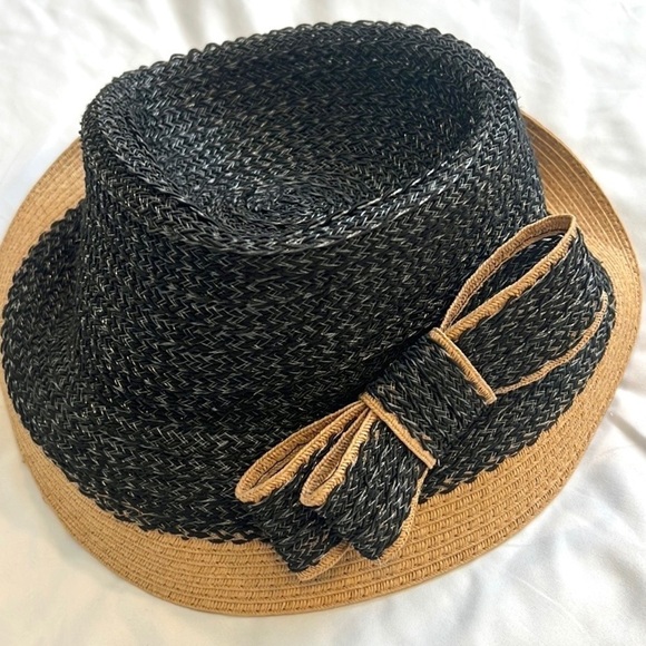 Jessica Simpson,NBW, Black Tan Straw Fedora Resort Beach Hat Bow Trim One Size - Picture 2 of 8